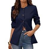 ELLEVEN Women’s Round Neck Slim Fit Blazers, Business Casual Long Sleeve Blazer Work Office Jackets with Padded Shoulder
