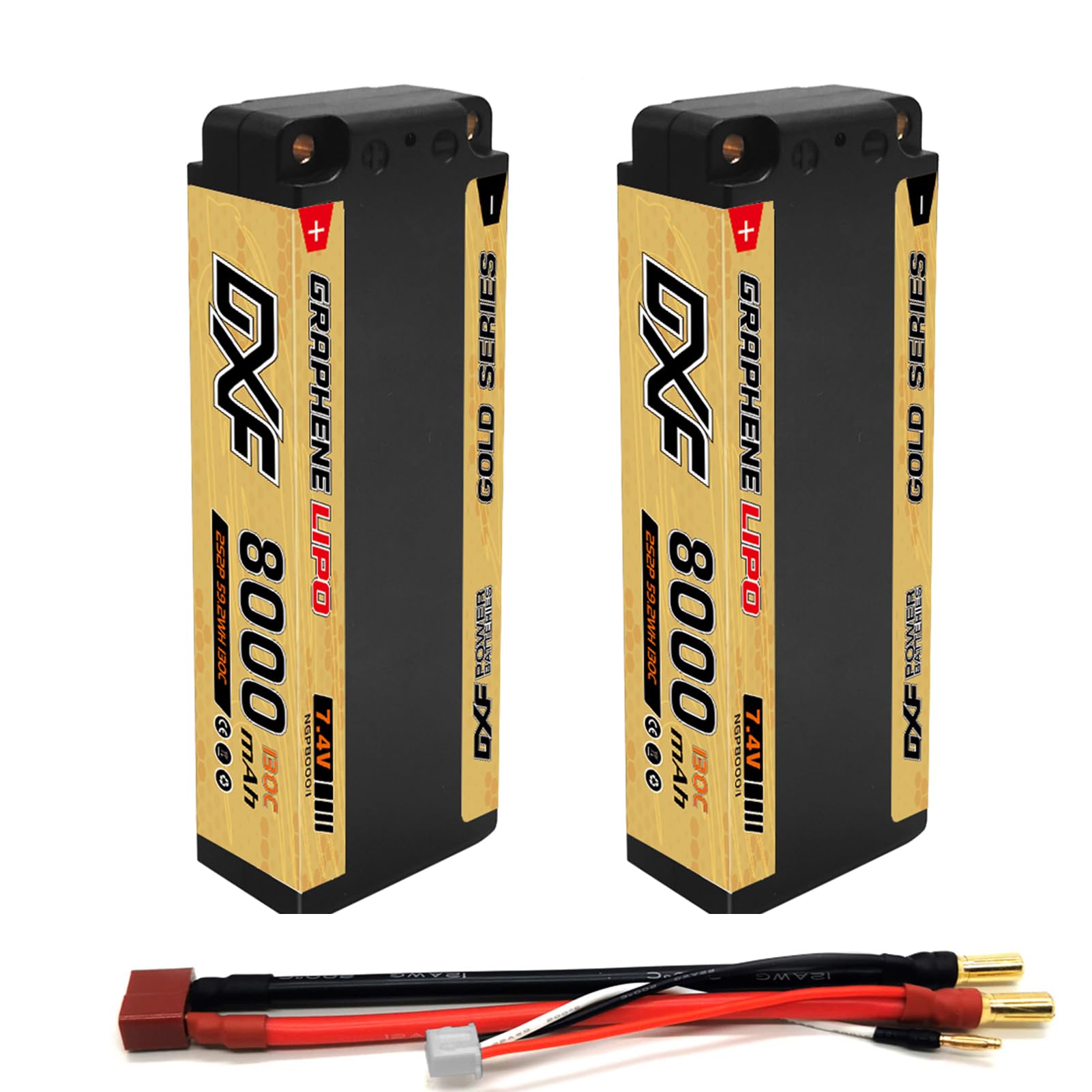 DXF 2S Lipo Battery 7.4V 8000mAh 130C Hardcase with NGP Deans T Plug 2 Pack - RC Car Battery for 1/10 1/8 Scale RC Trucks Cars Vehicles - EFRA Certified 5.0mm Connector Racing Battery