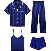 SWOMOG Womens Silk Satin Pajamas Sets 4pcs Loungewear Sexy Cami Shorts Set Button Down Long Sleeve Pjs Sleepwear