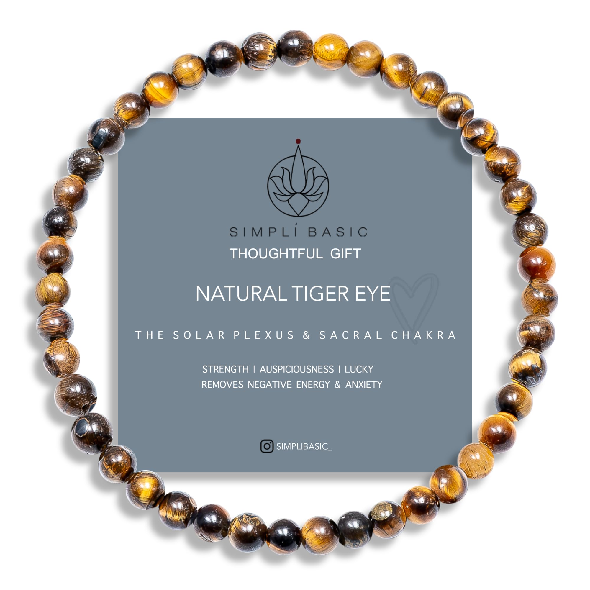 SIMPLÍ BASIC Natural Tiger Eye Healing Gemstone Bracelet 4mm Bead | Luck | Decision Maker | Remove Negative Energy | Anxiety Bracelet | Inc Gift Box