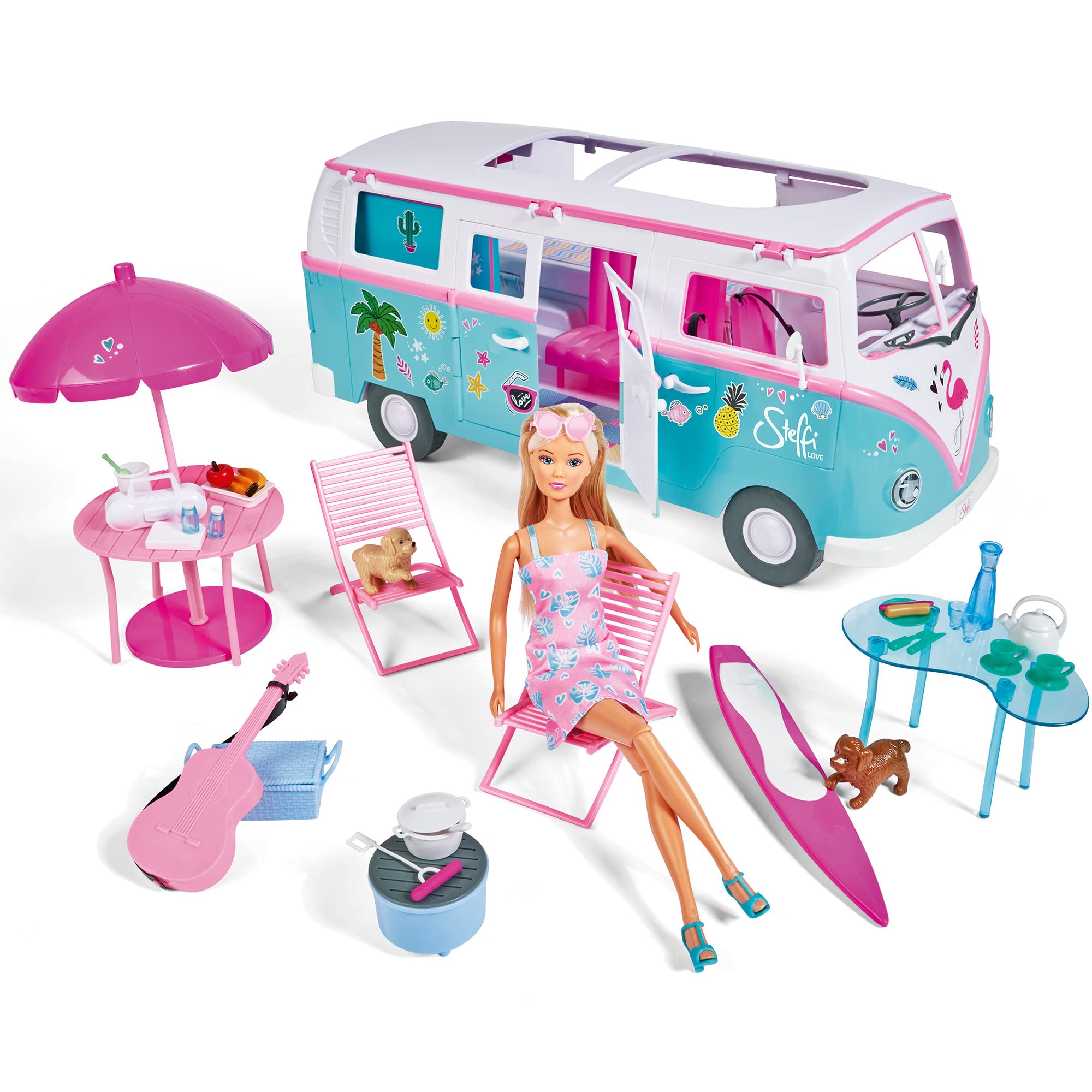 Simba Steffi Love Hawaii Camper / Puppe mit aufklappbarem Camper / inkl. Küche / Sitzecke / Bett / Tisch und viel Zubehör / L:51cm / 29cm / Für Kinder ab 3 Jahren geeignet, 105733523