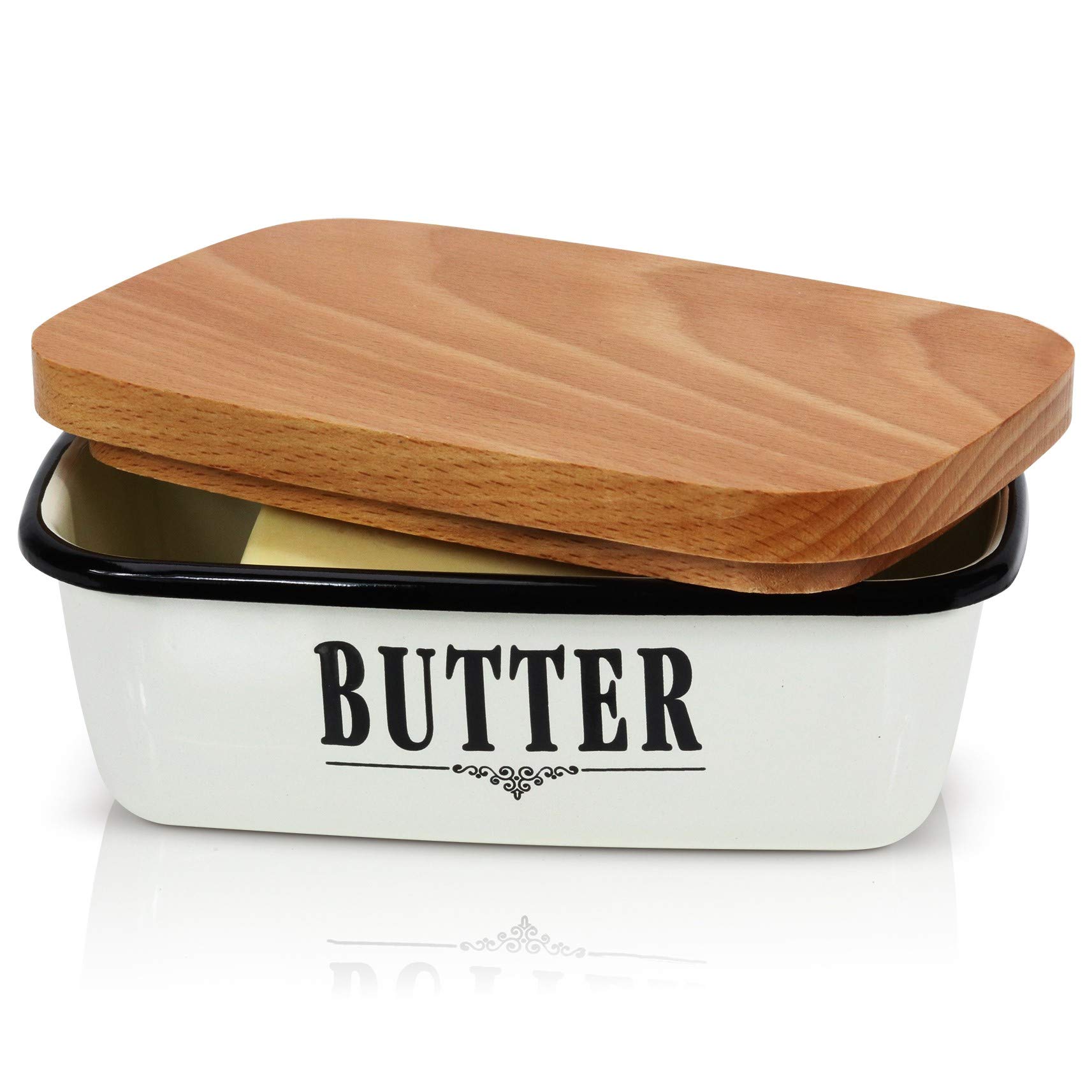 Granrosi Farmhouse Butter Dish Beautiful Enamel Butter Container With Wooden Lid Keeps Your