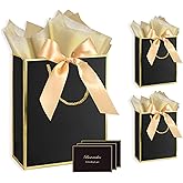 GEGIBOA Gift Bags 3 Pcs Medium Size Paper Gift Bags with Tissue Paper and Handles,Bow Ribbon and Greeting Cards, 8" x 5" x 10", Black