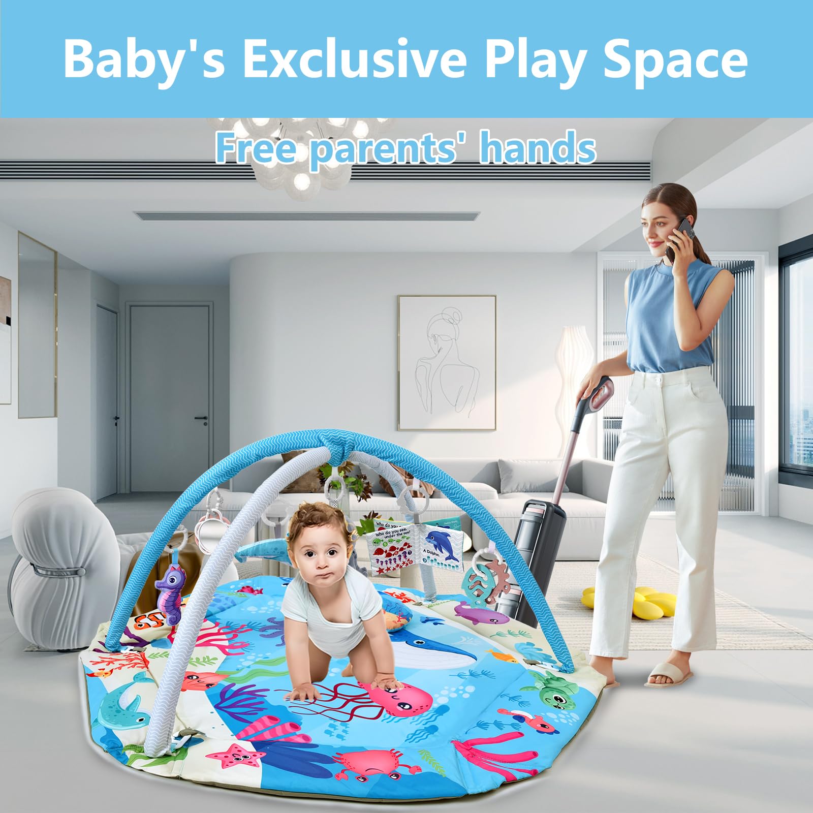 TFDER Baby Gym Play Mat, 8-in-1 Tummy Time Mat & Activity Gym, Washable Ball Pit, Infant Play Mat with Detachable Toys for Sensory Exploration and Motor Skill Development