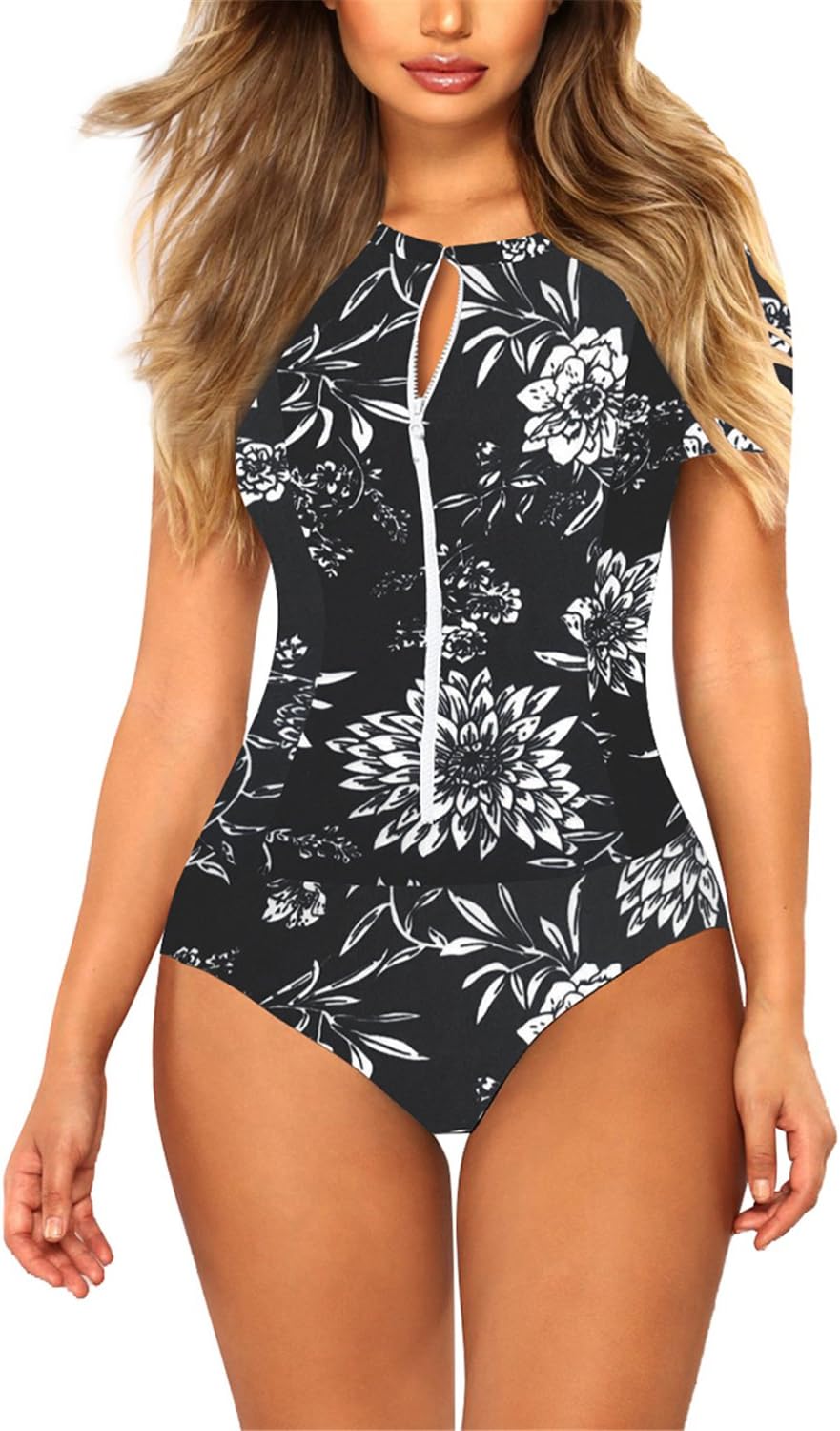 Womens Floral Print Zip Rash Guard One Piece Swimsuit Bathing Suit