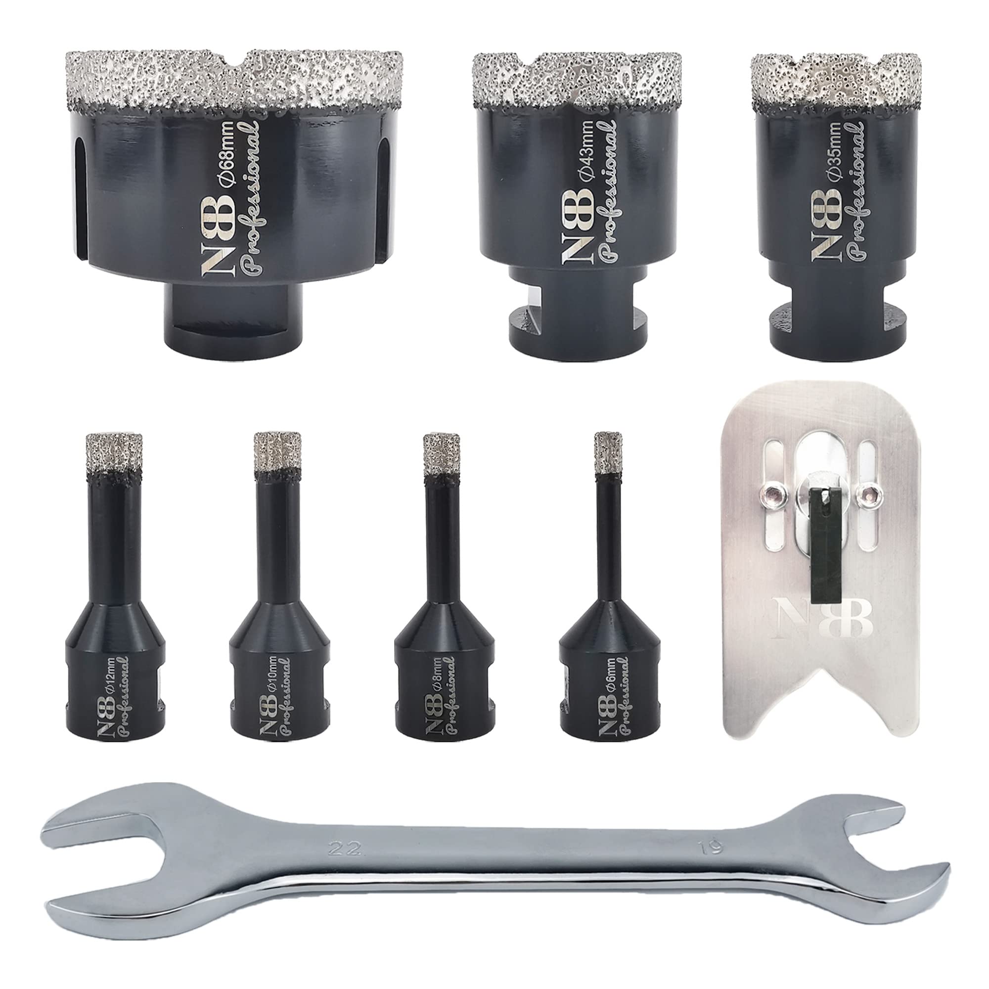 NBB vacuum brazed diamond hole saw with M14, for dry or wet drilling professionally on hard porcelain, ceramic, tile, granite, marble, fast, for angle grinder (6/8/10/12/35/43/68mm +Spanner +Guide)