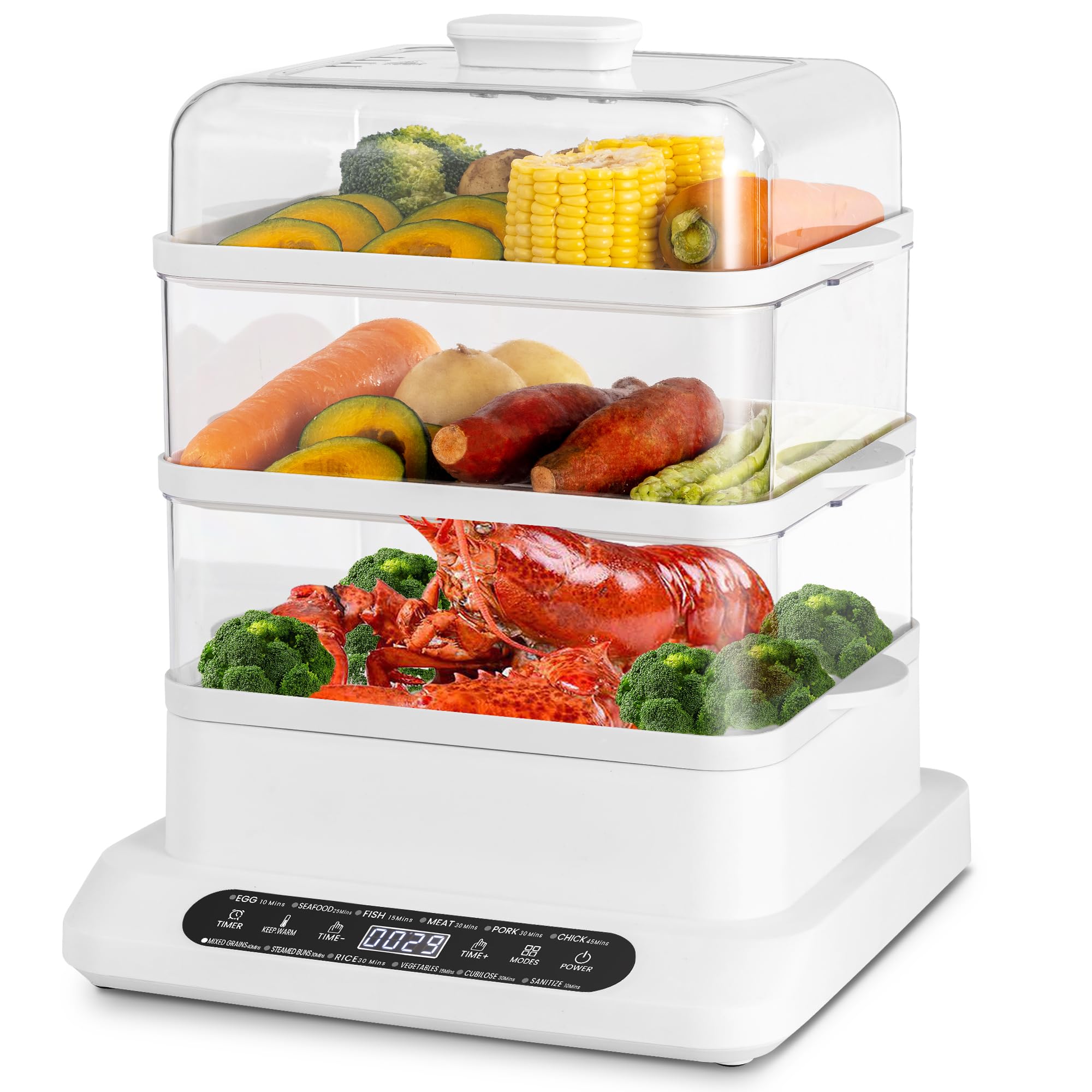 Pukomc Food Steamer 3 Tier 16QT Electric Vegetable Steamer With Appointment and Timer Multifunctional Digital Steamer For Fast Simultaneous Cooking (800W)