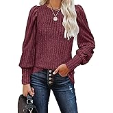 MIHOLL Women's Puff Long Sleeve Shirts Casual Knit Blouses Crew Neck Elegant Tunic Tops