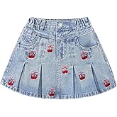 BEAUDRM Girl's Bow Cherry Embroidered Mini Denim Skirt Y2k Pleated A Line QUTE Jean Skirts with Pocket