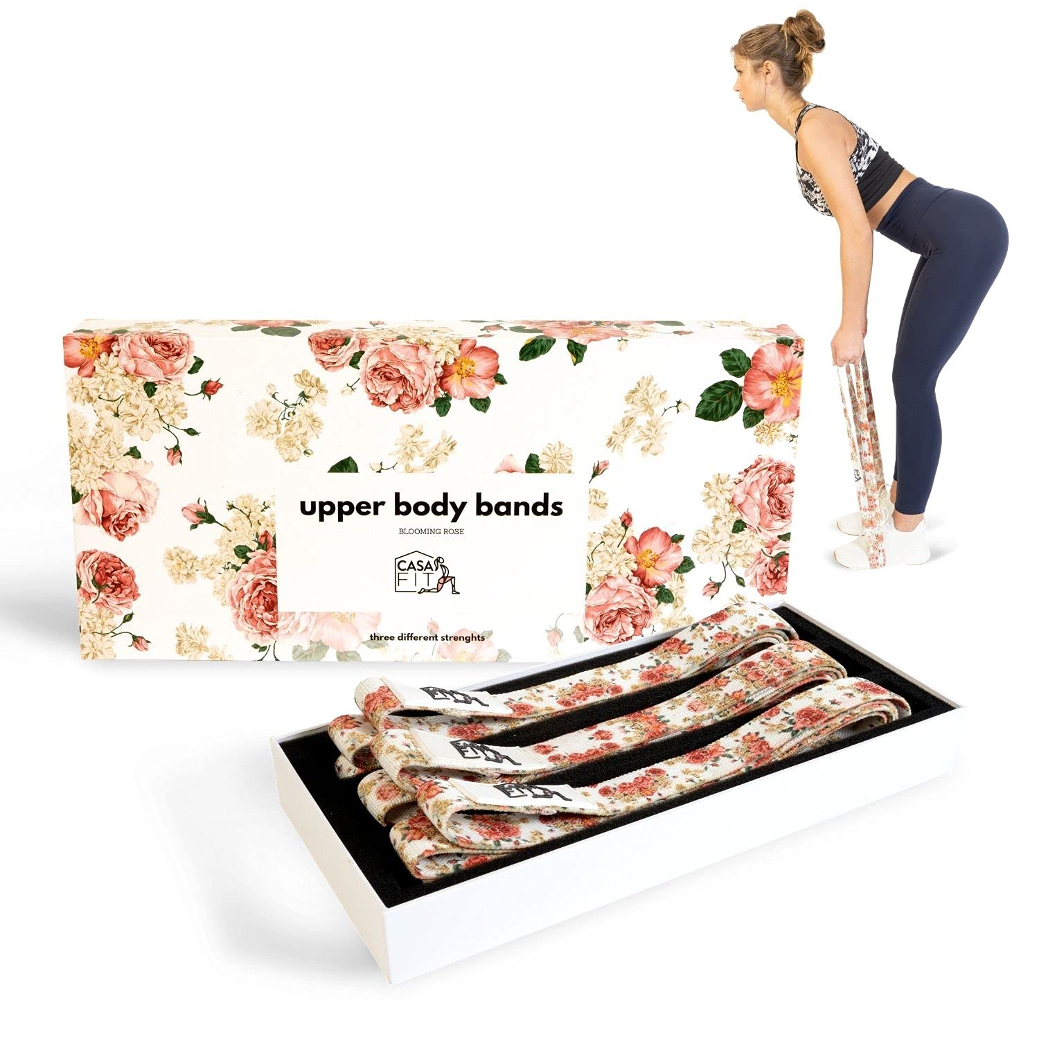 CASAFIT Long Fabric Resistance Bands Fitness Bands with Resistance in 3 Strengths for Upper Body Training (Various Designs) (Blooming Rose)