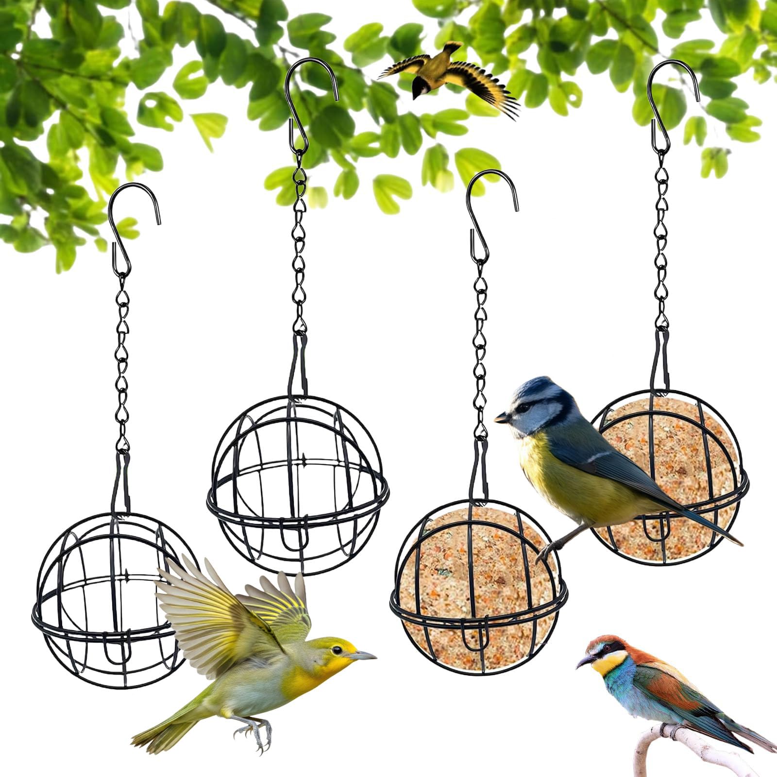 4 Pcs Fat Ball Feeders Hanging Fat Ball Feeders and 4 S-shaped hooks,fatball bird feeders hanging for Outdoor Garden Wildlife Birds Finch Sparrow Robin suet ball feeder (Black)