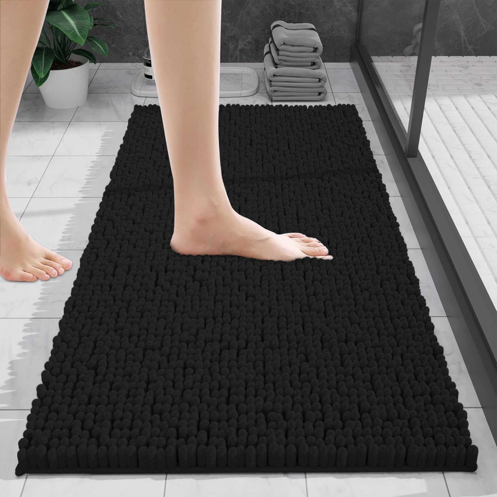 wyewye Bath Mat 40x60cm - Chenille Non-Slip Super Absorbent Bathroom Rug, Extra Soft Fluffy Shaggy Bath Mat Machine Washable Quick Dry, Black