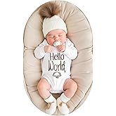 Hello World Newborn Coming Home Outfit Romper and Knit Hat with Pom Pom, Baby Long Sleeve Onesie Newborn Gift