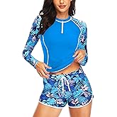 Womens Rash Guard Long Sleeve-Two Piece Swimsuit with Built in Bra Zip Front Swim Shirt and Shorts with Pockets