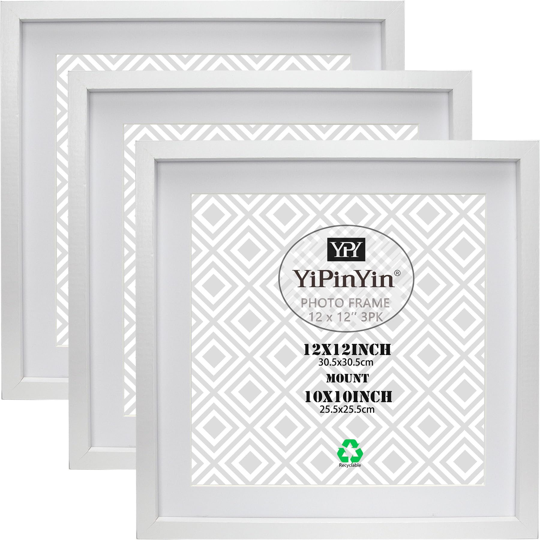 White 12x12Inch Square Picture Frame Set Of 3, 30x30cm Frames with mount displayed 10×10'' photo, 25.5x25.5cm Garllery Picture Frame 3 Set,10x10'' frame For Wallmounted & Desk Top