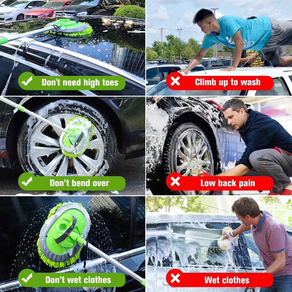 2 in 1 Chenille Microfiber Car Wash Brush Mop Mitt with 45" Aluminum Alloy Long Handle, Car Cleaning Kit Brush Duster, Not Hurt Paint Scratch Free Cleaning Tool Dust Collector Supply for Washing Truck: Automotive