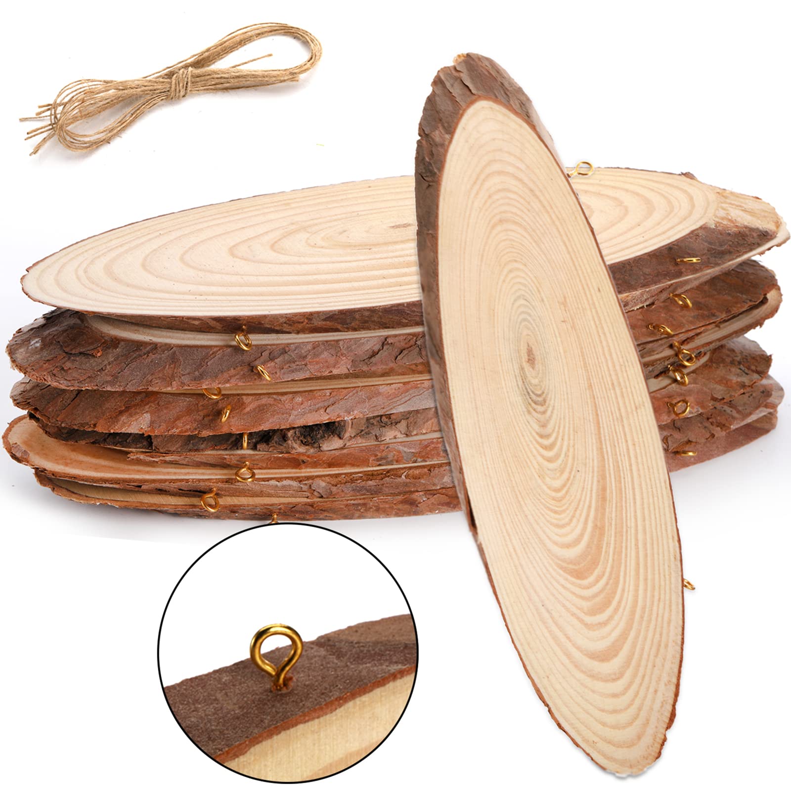 DEAYOU 8 Pack Natural Wood Slices, Unfinished Oval Wood Crafts with Bark, 9-11" L x 3-4" W Tree Slice Wooden Signs with Small Eye Rings and Rope for Centerpieces, DIY, Wedding