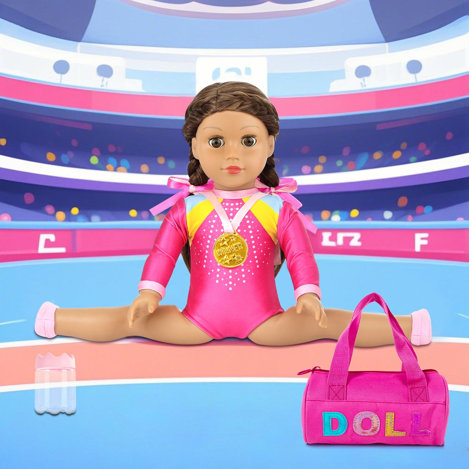 K.T. Fancy 18 Inch Doll Gymnastics Clothes Set - Pink Leotard, Shoes, Gym Bag, Olympic Medal, Water Bottle & Hair Accessories for Play（Doll Not Included）