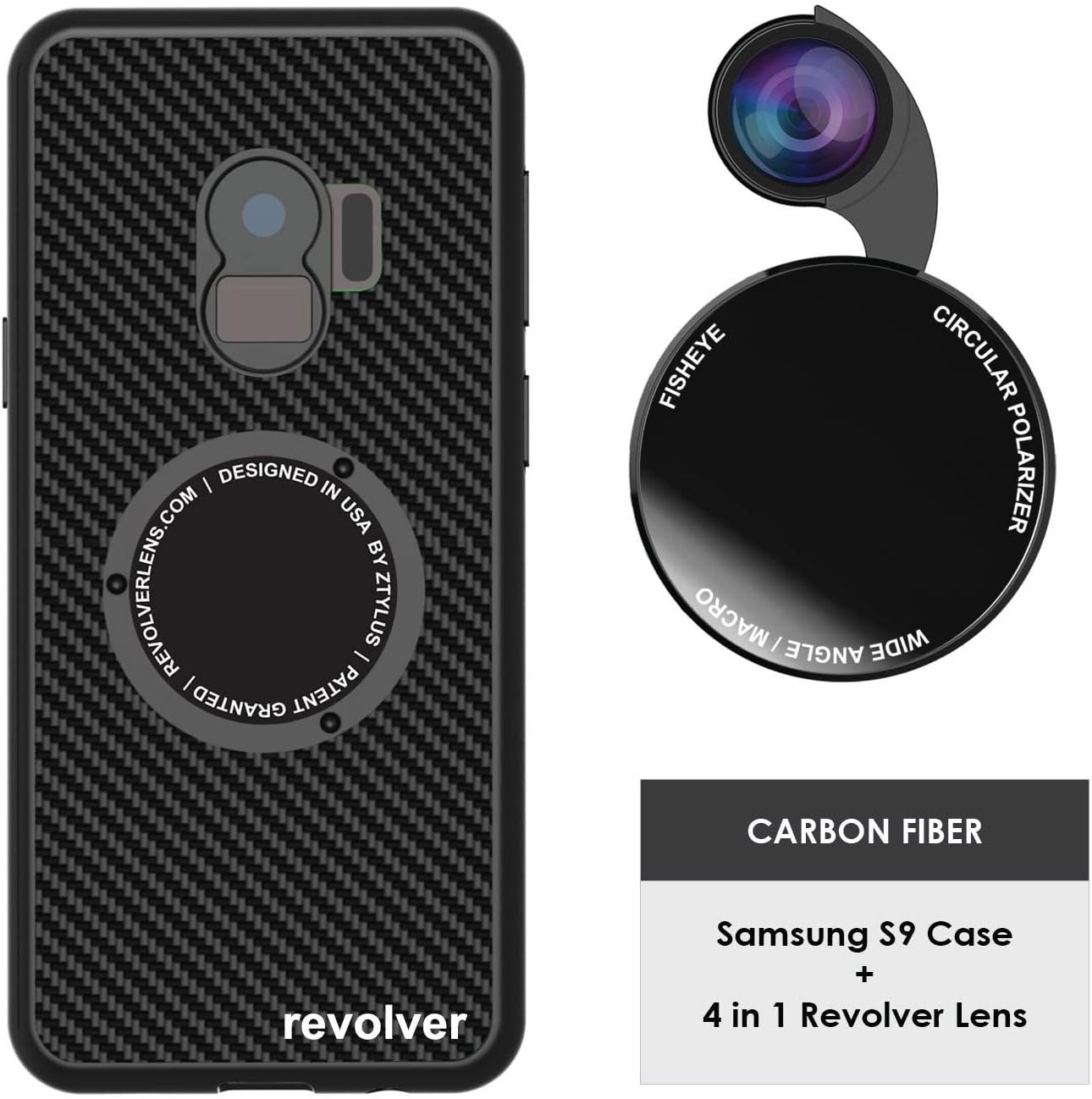 Ztylus Revolver M Series Camera Kit: 4 in 1 Lens with Case for Samsung Galaxy S9 – Fisheye Lens, Wide Angle Lens, Macro Lens, CPL (Black Carbon Fiber)