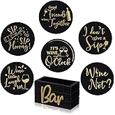 Wine Gifts Coasters for Women Set of 6 Wine Accessories for Lovers House Warming Gifts New Home Funny Cocktail Coasters with Holder for Adults Bar Party, 4 Inch(Black)