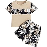 SweatyRocks Boy's 2 Piece Outfits Tropical Print Colorblock Short Sleeve T Shirts and Shorts Set