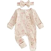 Lehoso Newborn Baby Girl Romper Bow Printed One Piece Ribbed Jumpsuit Bodysuit Infant Girl Fall Winter Clothes with Headband