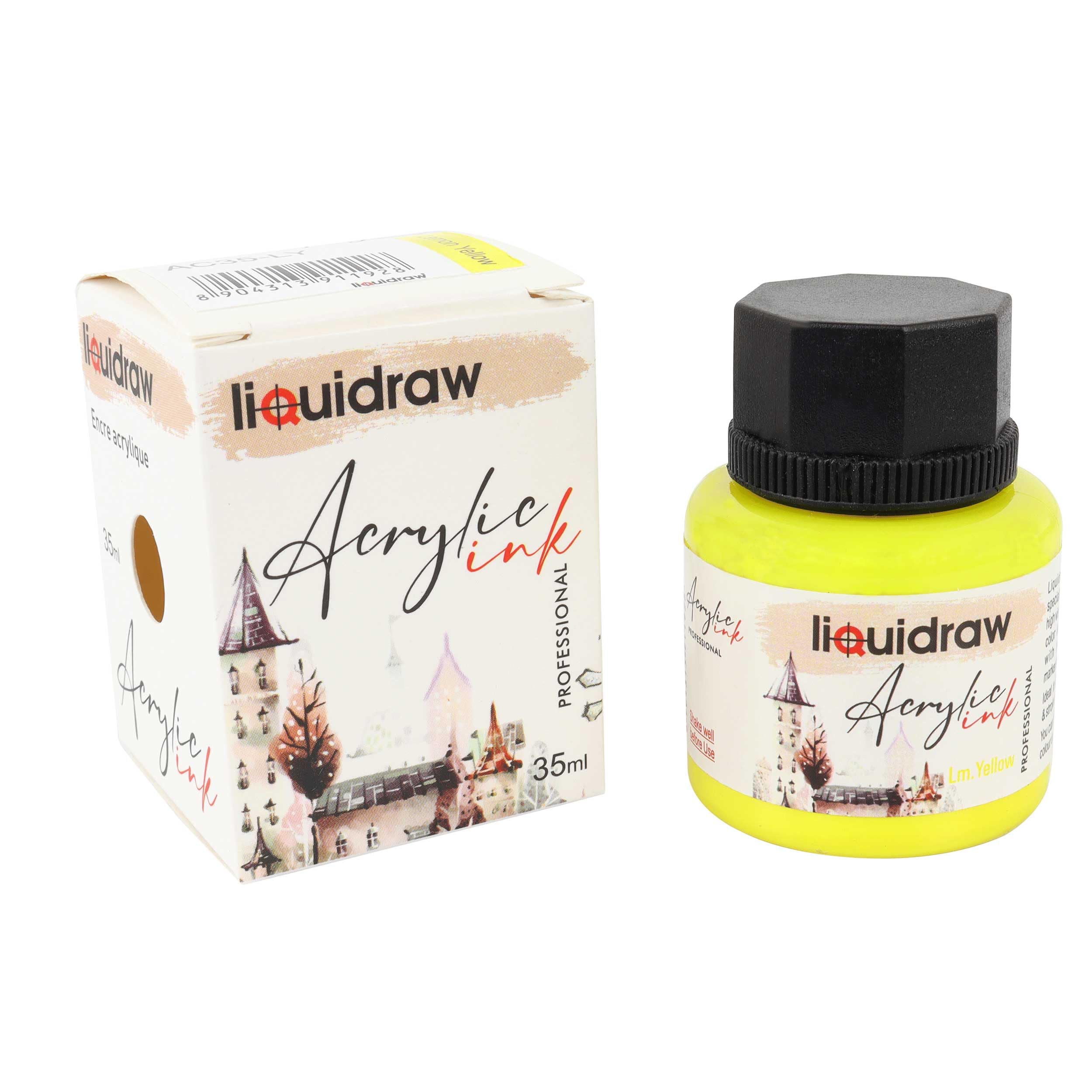 Liquidraw Acrylic Inks for Artists 20 Colours Black White Available Waterproof Ink 35ml Professional for Painting, Drawing, Paints, Art, Brushes, Paper, Board, Canvas, Fabric & Wood (Lemon Yellow)