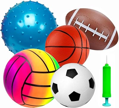 POTWPOT 5pc Inflatable Sport Balls Set w/ Pump - Football Basketball Volleyball