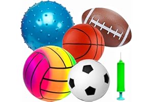 POTWPOT Sports Ball Toys, 5pcs Inflatable Sport Balls Set with Pump, Includes Football, Basketball, Volleyball, Rugby, Acanth