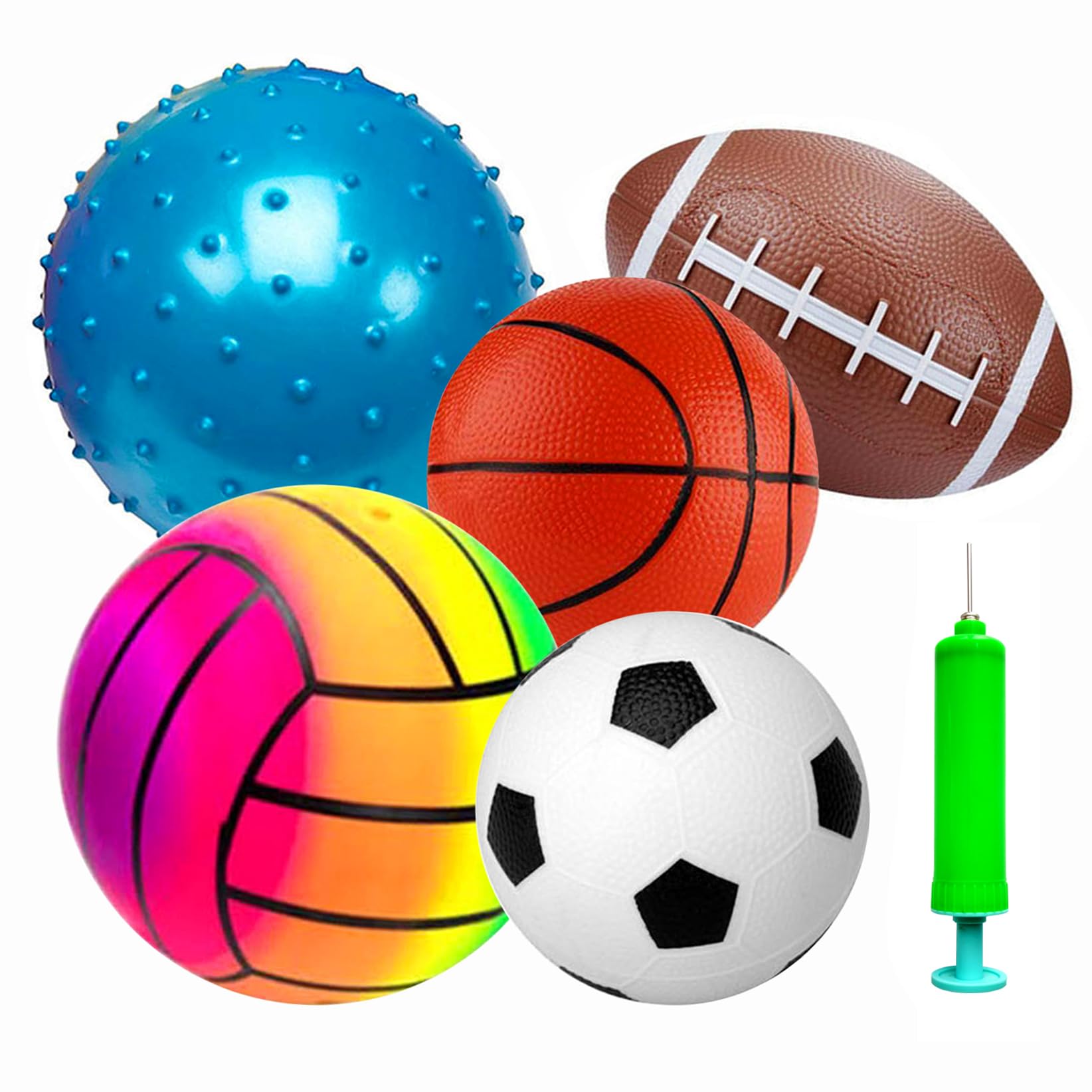 POTWPOT Sports Ball Toys, 5pcs Inflatable Sport Balls Set with Pump, Includes Football, Basketball, Volleyball, Rugby, Acanthosphere, Outdoor Games for Kids Beach Balls Toys