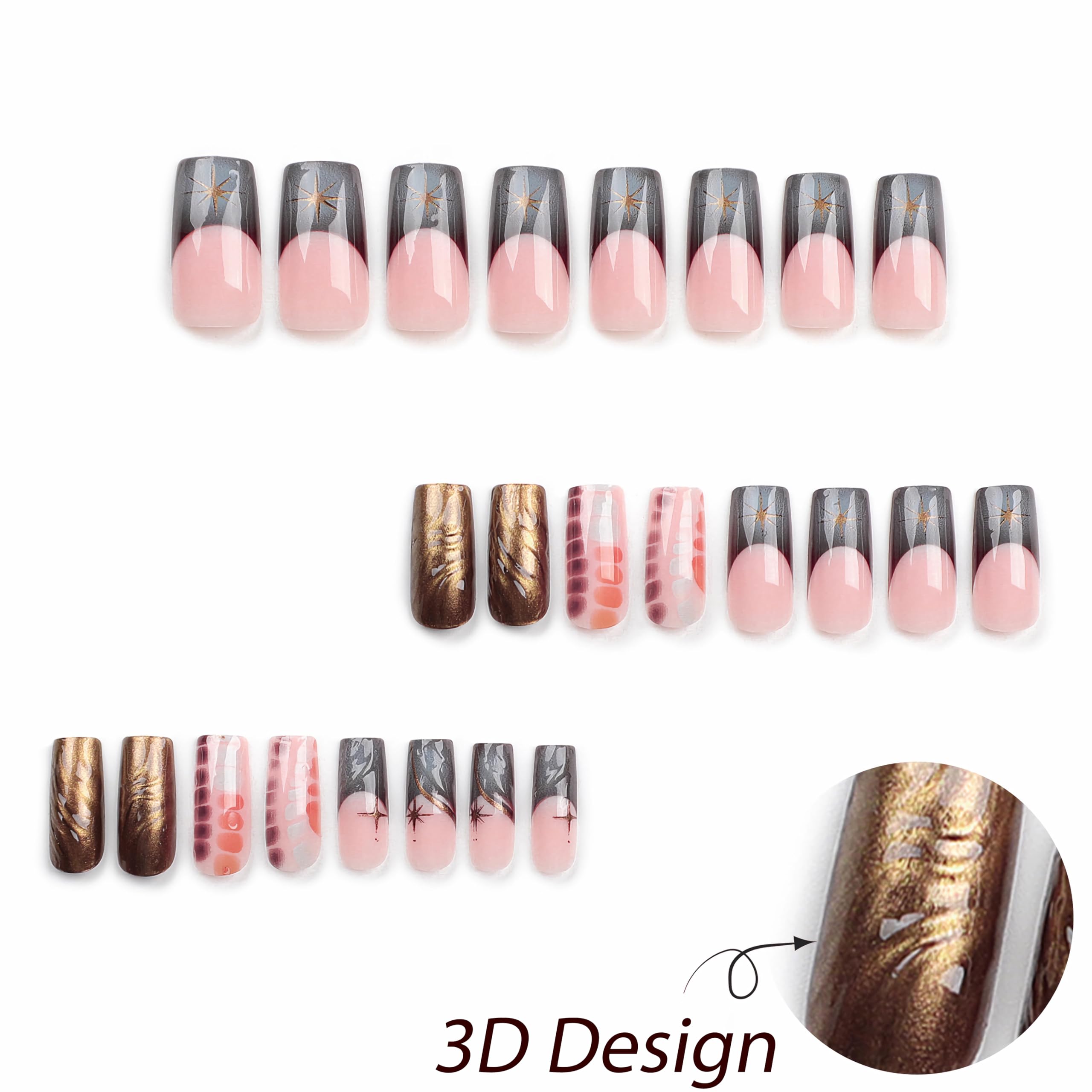 BABALAL Square Press on Nails Long Fake Nails French Tip Glue on Nails Brown Chrome Acrylic Nails 3d Water Wave Design Squoval Stick on False Nails 24Pcs Y2k Manicure Nails for Women and Girls - Image 3