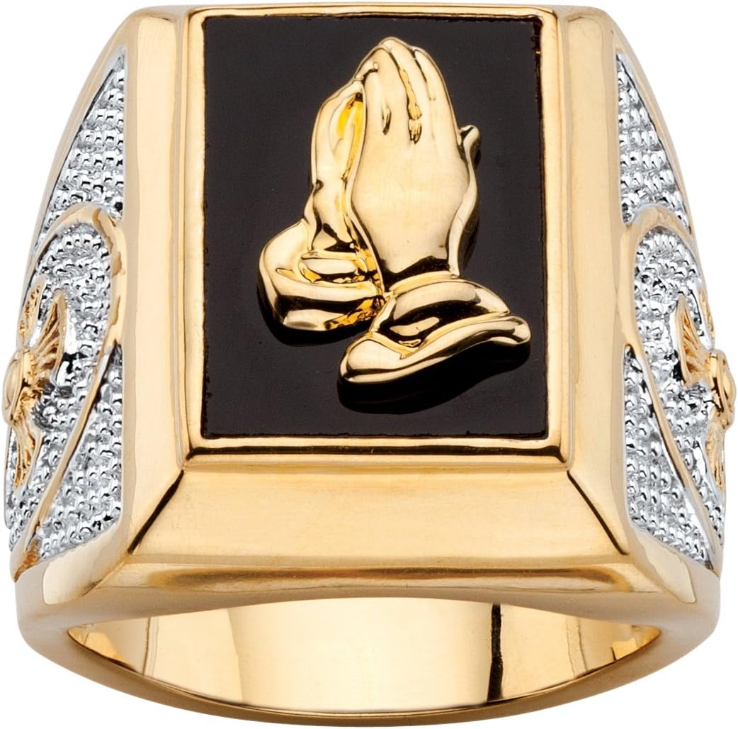 Seta Jewelry Men's 14K Yellow Gold Plated Rectangular Shaped Natural Black Onyx Praying Hands Ring