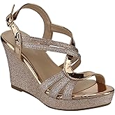 FOREVER FQ22 Women's Glitter Strappy Wrapped Wedge Heel Platform Sandals, Color Rose Gold, Size:9