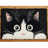 DIY Latch Hook Rug Kit Black and White Cat 52x38cm-2 | Hook and Latch Yarn Crochet Floor Mat with Pattern Easy for Beginners Adults Carpet Tapestry Making for Home Decoration