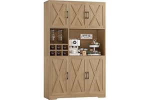 HOSTACK Kitchen Pantry Storage Cabinet, 71" Tall Food Pantry Cabinet with Microwave Stand, Farmhouse Kitchen Hutch, Coffee Bar Hutch with Wine Rack for Dining Room, Living Room, Natural Oak