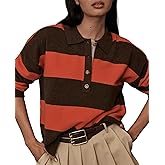 Womens Striped Sweater Shirts Lapel Polo V Neck Long Sleeve Strip Knit Pullover Casual Layer Top Jumper Y2K Shirt