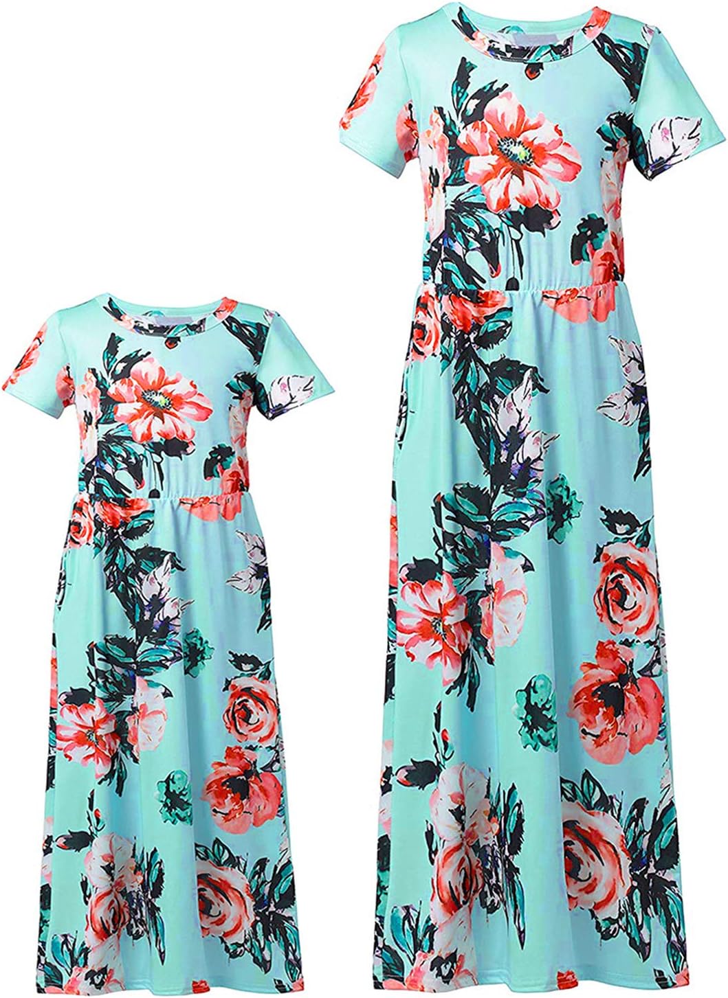 Mommy and Me Maxi Dress Vintage Floral Family Matching Outfits Swing Holiday Party Dress for Women Girls with Pocket