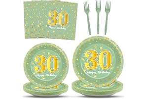 CHUNNIN 96Pcs Green Gold 30th Birthday Party Plates and Napkins for Women Men Sage Green 30 Year Old Birthday Party Supplies Themed Paper Dessert Plates Tableware Set for 24 Guests Party Decorations