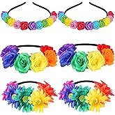 6 Pcs Boho Floral Crown Stretch Rose Flower Headband Girls Rainbow Headband Sunflower Head Crown Multicolor Flower Hair Wreath Headwear Headpiece Hair Accessory for Women Girl Bride Bridesmaid