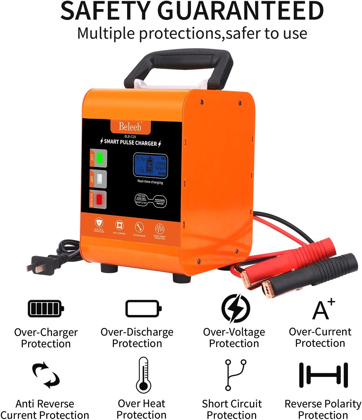 Beleeb Battery Charger 12V/20A 24V/10A Trickle Charger Smart Automatic Battery Charger for Car Motorcycle Boat Marine Lawn Mower SLA ATV RV SUV Wet AGM Gel Cell Lead Acid Battery: Automotive