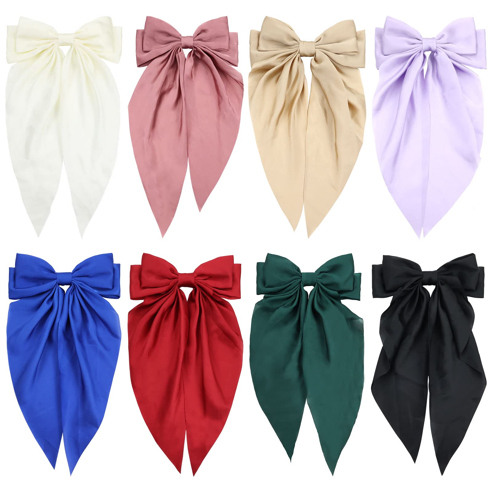 Yoosit 8 Pack Satin Big Large White Pink Red Blue Black Ribbon Hair Bows for Women Oversized Giant Bow with Long Tail Clips Bowknot French Barrette Girl Bun Ponytail Holder Accessories, 8.0 count