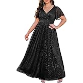 Talisea Plus Size Formal Dresses - V Neck Flutter Sleeve Glitter Prom Evening Gowns Wedding Guest Chiffon Long Maxi Dress