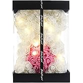 WINWISH Rose Flower Bear-Hand Made Rose Teddy Bear,Best Artificial Decoration Gifts for mom, Girls,Unique Birthday Gifts,The Perfect Party Clear Box (White)