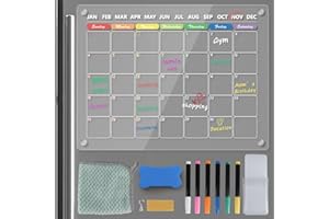 OWill Acrylic Calendar for Fridge,2 Pack Clear Fridge Calendar Dry Erase Magnetic Planning Boards Set for Fridge Calendar, Includes 6 Colored Markers/Magnetic Holder/Eva Eraser/Towel (16"X12")