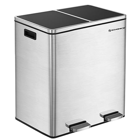 SONGMICS Mülleimer, Mülltrennsystem, mit 2 Inneneimern aus Kunststoff, 2 x 30 L Treteimer, Abfalleimer mit Fußedal, aus finge