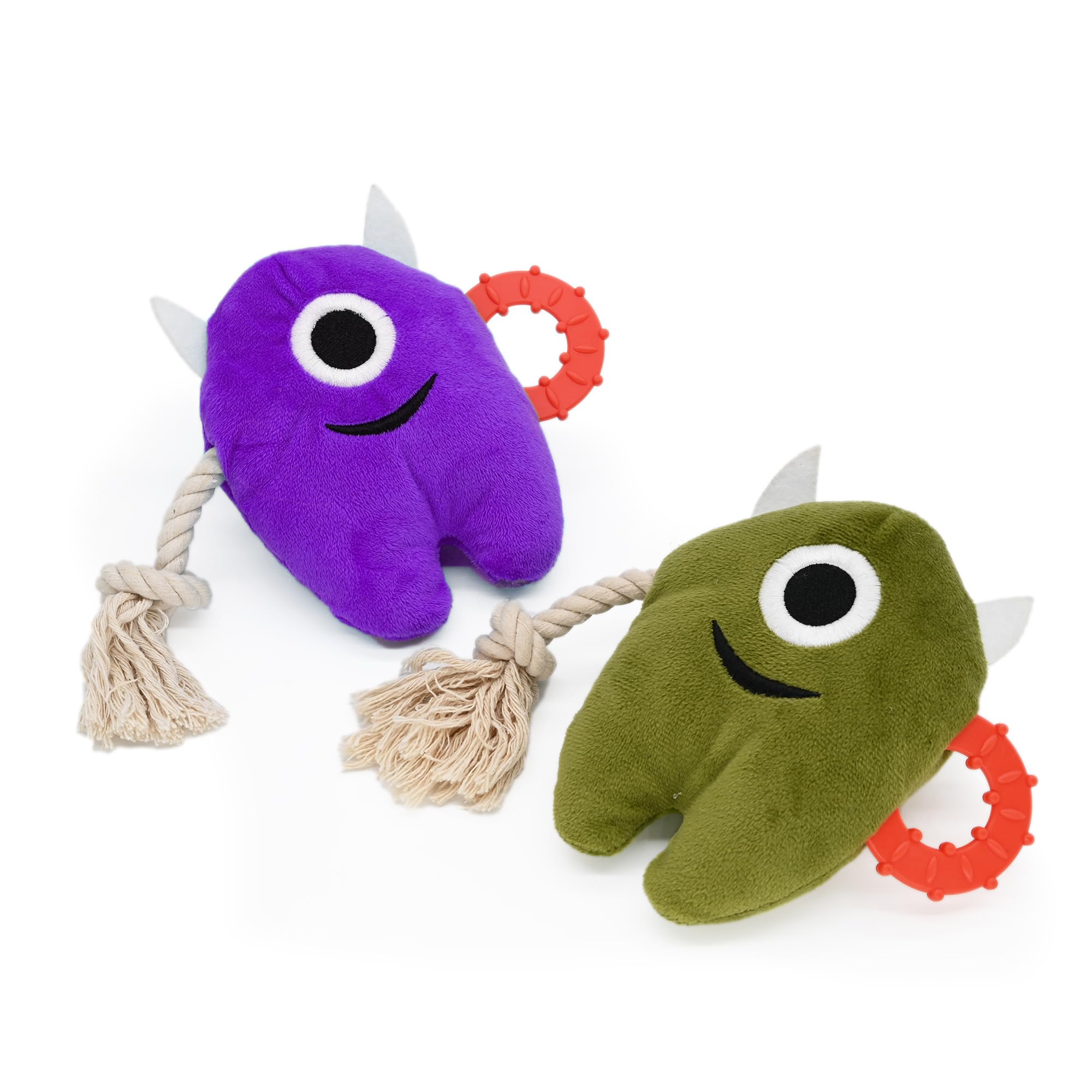 Onmygogo Large Dog Squeaky Chew Toys, Stuffed Plush Dog Toys Durable Tug of War Rope Toys Puppy Toys, Monster Toys(set of 2, purple and green)