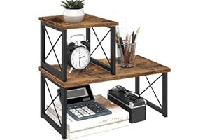 ELITEROO Wood Desktop Shelf, 2 Tier Adjustable Small Bookshelf Organizer, Freestanding Stackable Desk Stand, Storage Organizers, Kitchen Counter Display Rack, Rustic Brown
