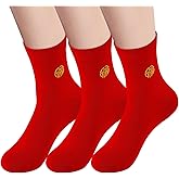 AMZZTCQ Women's Red Socks Crew Sports Casual Calf Socks, Chinese New Year Socks,Size 5-9, Embroidery 福(Fu)(6 prs)