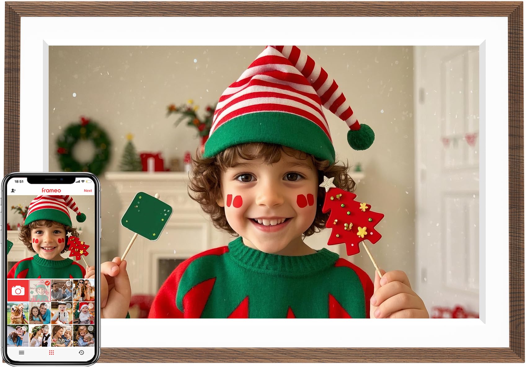 Photo 1 of Frameo 10.1" Wood WiFi Digital Picture Frame with 32GB Memory, 1280 x 800 IPS HD Touch Screen Electronic Photo Frame, Auto-Rotate, Slideshow, Wall Mountable, Share Photos/Video Remotely Anywhere