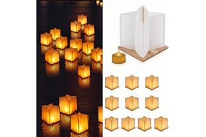 FUELYE 10 Pack 6" Star Shaped Floating Lanterns with Waterproof Wooden Base Sets, Paper Water Lanterns Decoration with LED Tealight Candle (10Sets Lanterns+Flameless LED Candles)